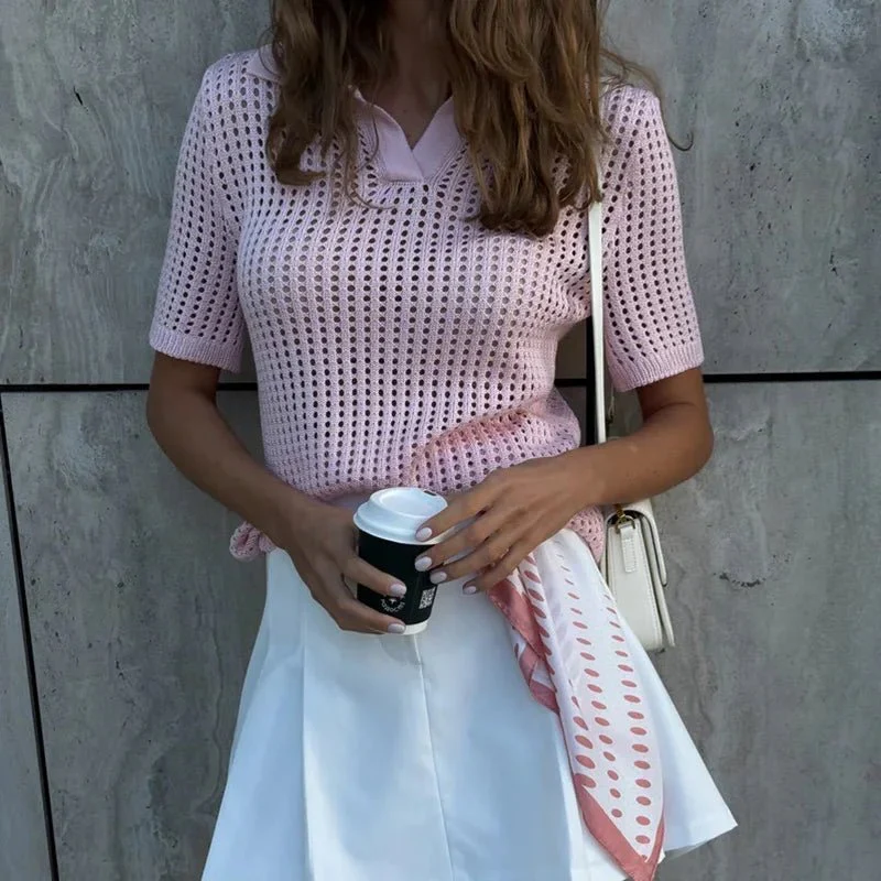 Andrea Hollow Out Knit Polo Blouse - Image 2