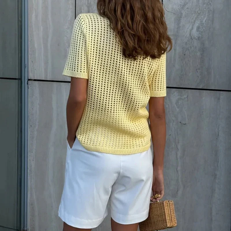 Andrea Hollow Out Knit Polo Blouse - Image 4