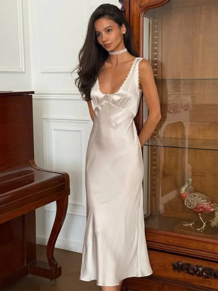 Angie Deep Neck Satin Midi Dress - Image 3