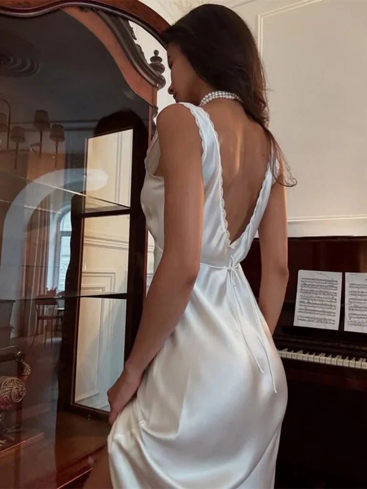 Angie Deep Neck Satin Midi Dress - Image 4