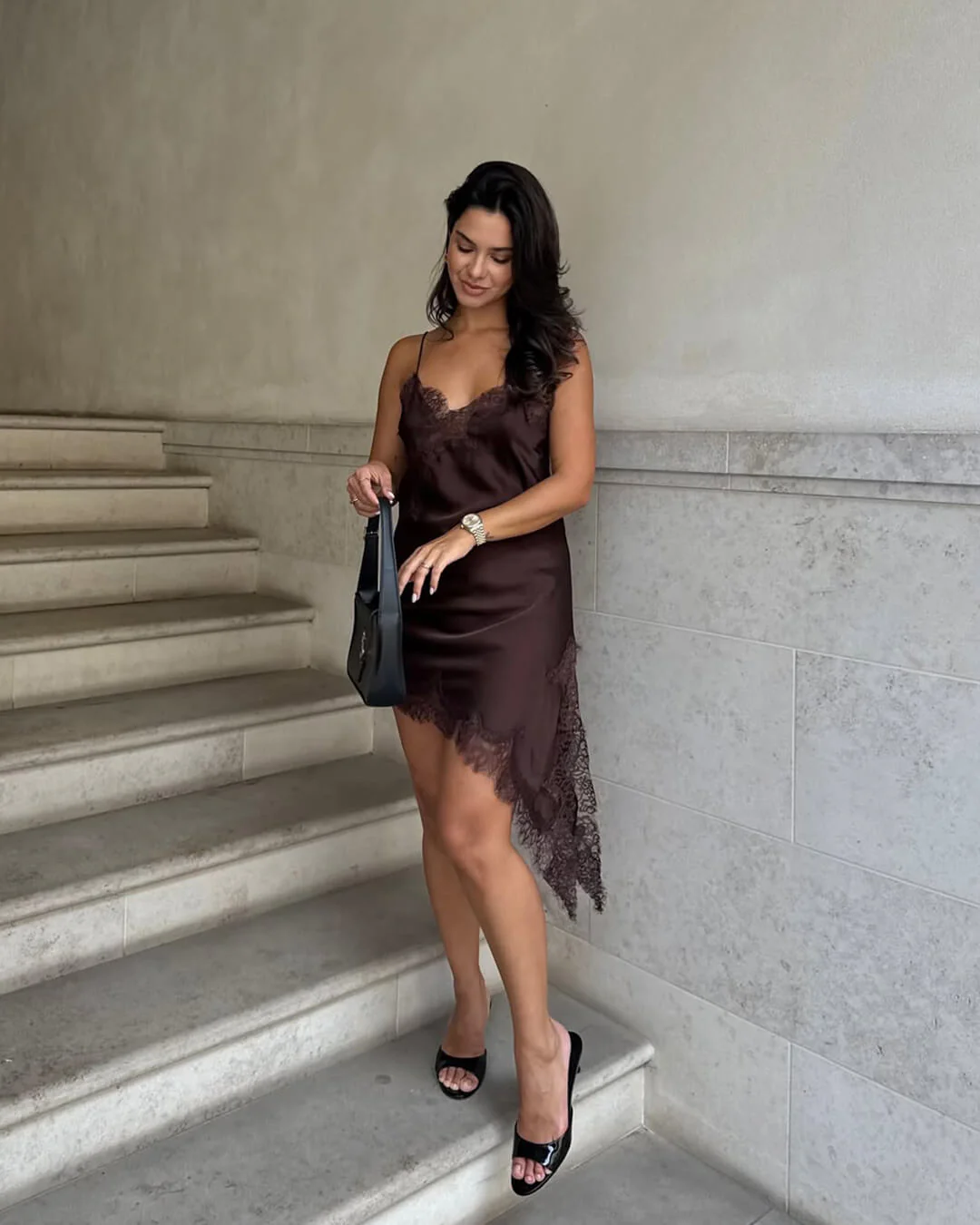 Arah Asymmetric Satin Lace Midi Dress - Image 5