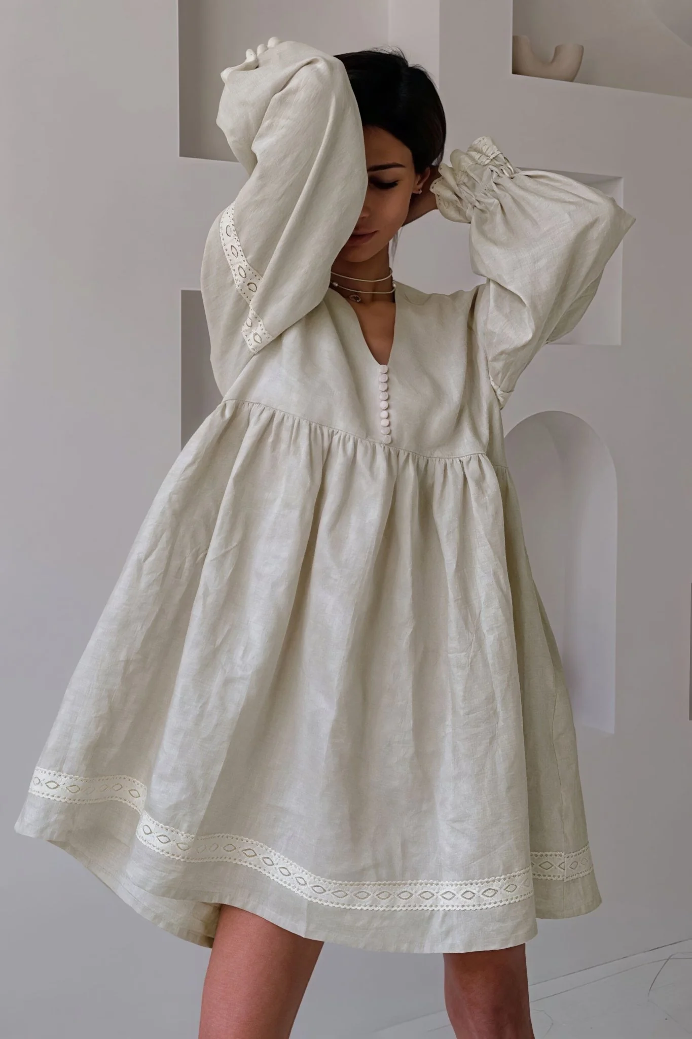 Beatrice Cotton Linen V-Neck Lantern Sleeve Mini Dress - Image 2