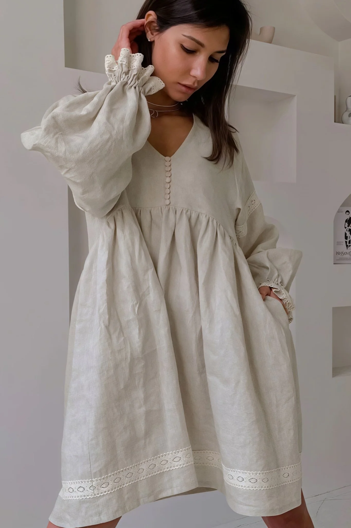 Beatrice Cotton Linen V-Neck Lantern Sleeve Mini Dress - Image 3