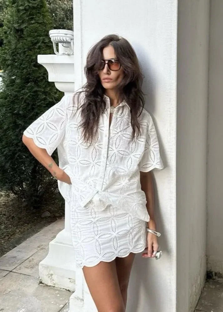 Beatrice Embroidered Cotton Shirt and Skirt Set
