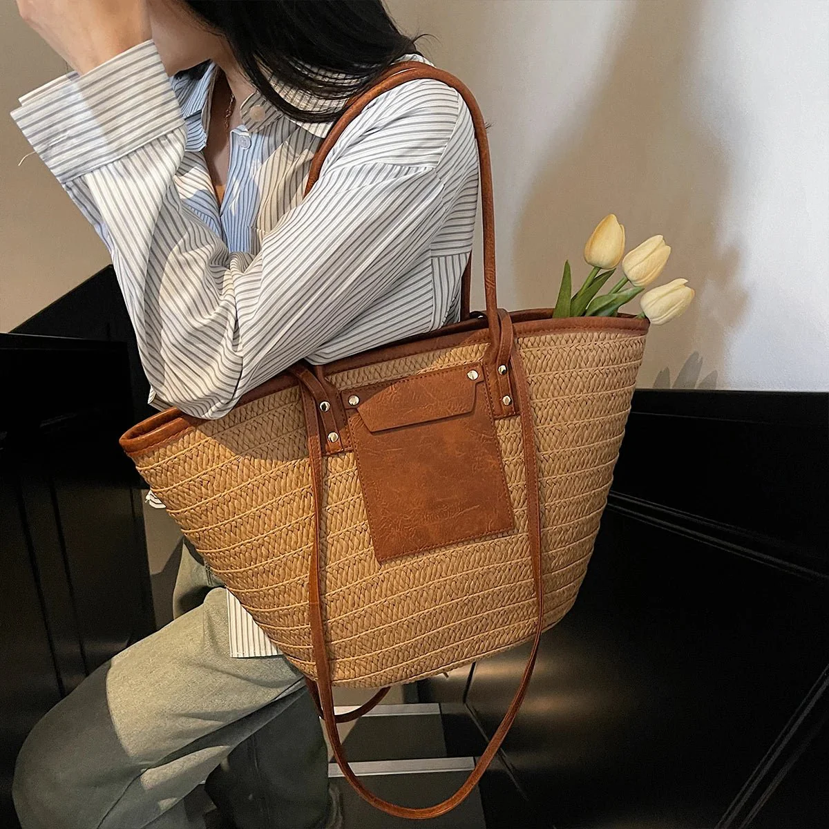 Beatrice Forest Woven Single-Shoulder Tote - Image 2