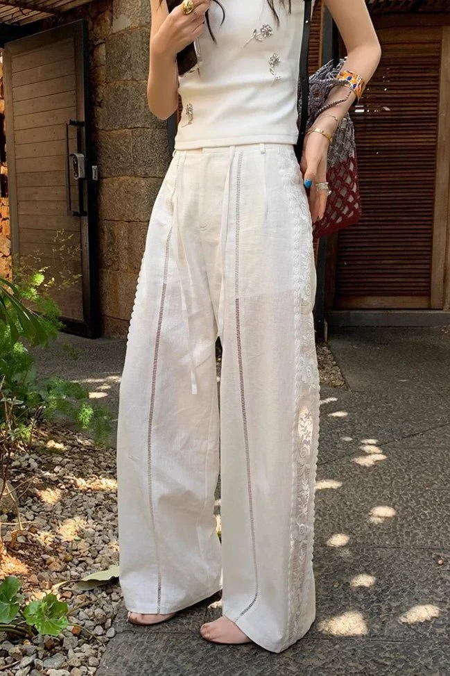 Beatrice Linen Lace Splicing Straight Pants - Image 2