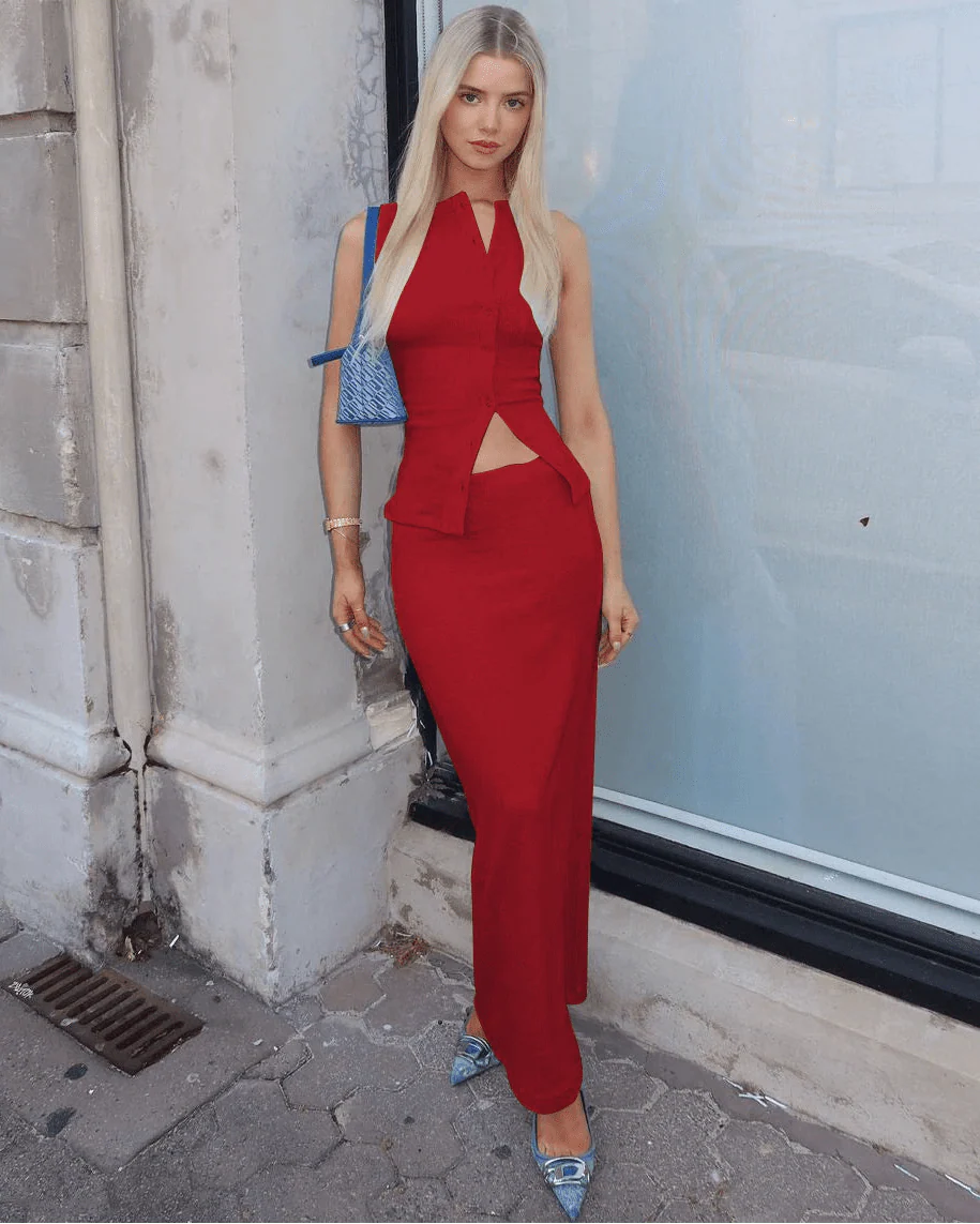 Beatrice Ribbed Single-Breasted Top & Maxi Skirt Set - Image 11