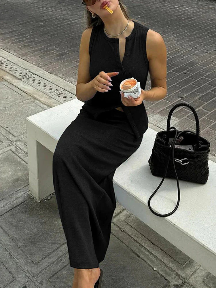 Beatrice Ribbed Single-Breasted Top & Maxi Skirt Set - Image 5