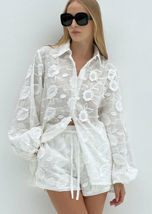 Beatrice Sheer Embroidered Shirt & High-Waist Shorts Set