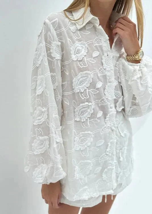 Beatrice Sheer Embroidered Shirt & High-Waist Shorts Set - Image 2