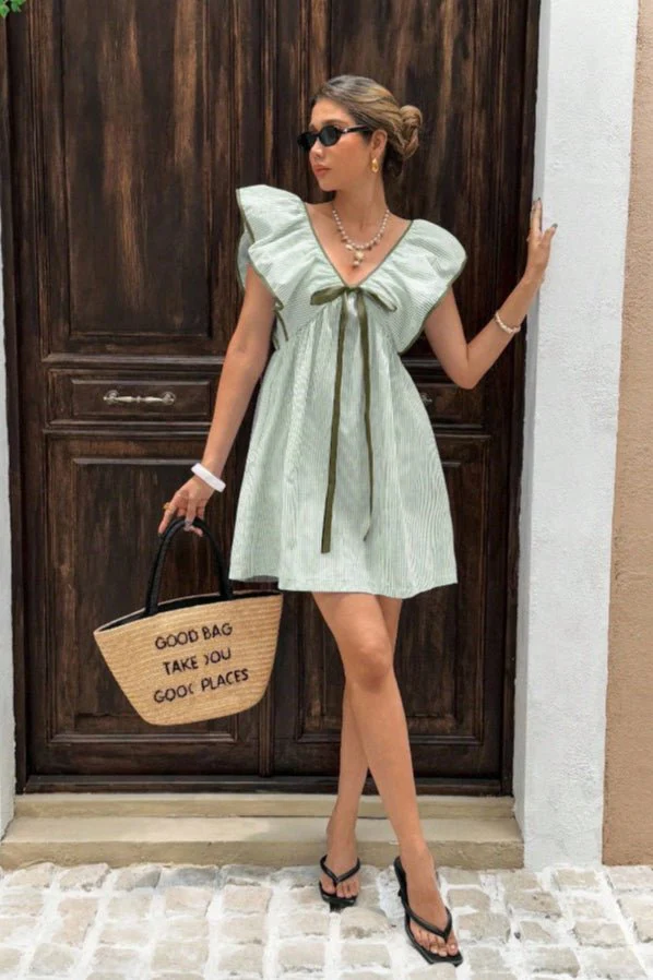 Beatrice Striped V-Neck Ruffle Mini Dress - Image 8
