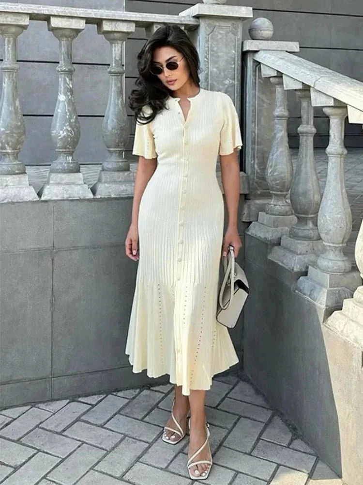 Bianca Bell Sleeve Pleated Knit Midi Dress