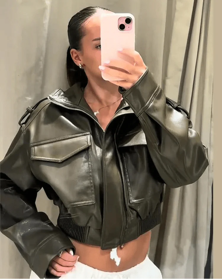 Brianna Faux Leather Bomber Jacket - Image 4