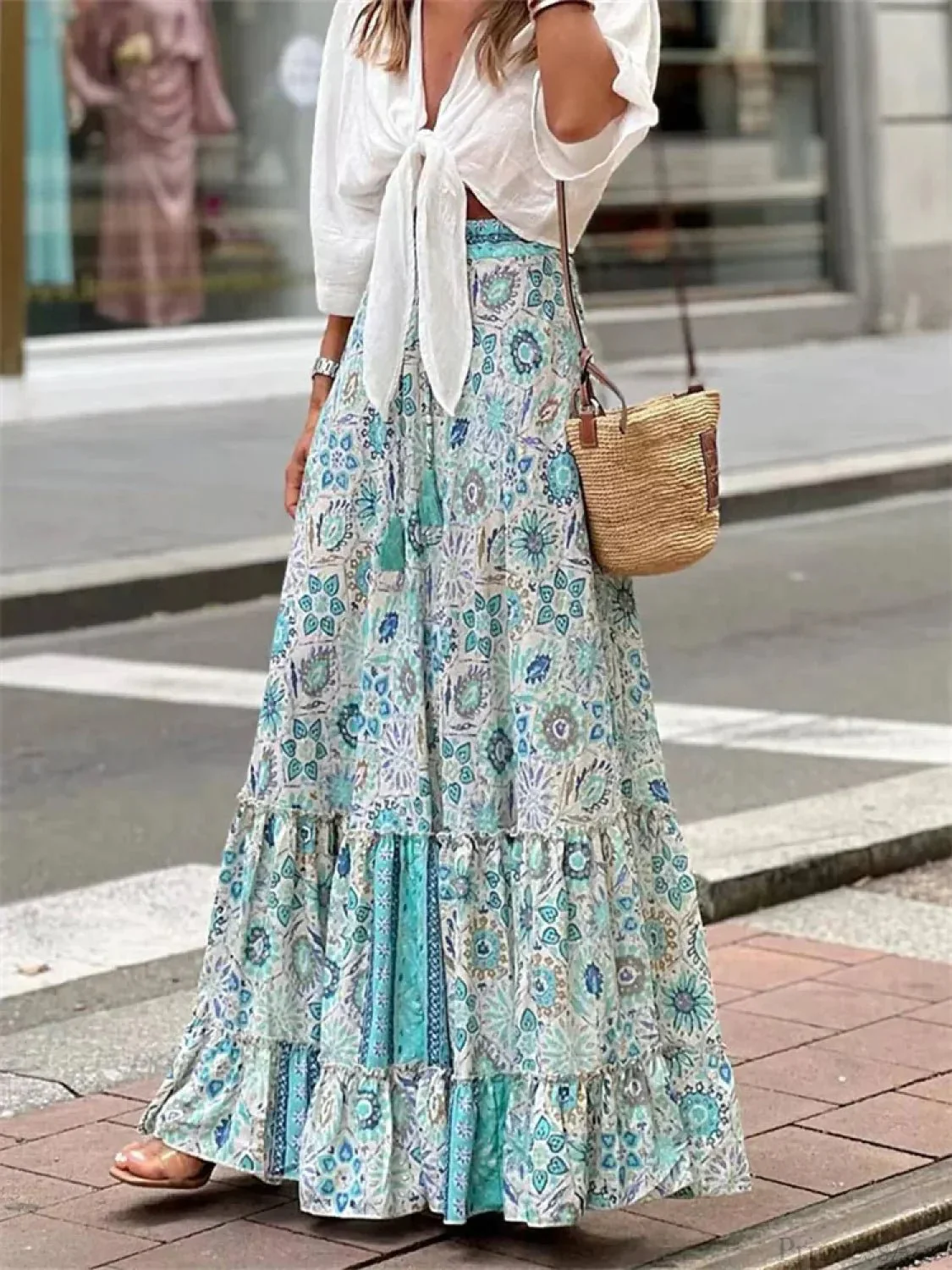 Celeste Flowy Boho Print Ruffled Hem Skirt