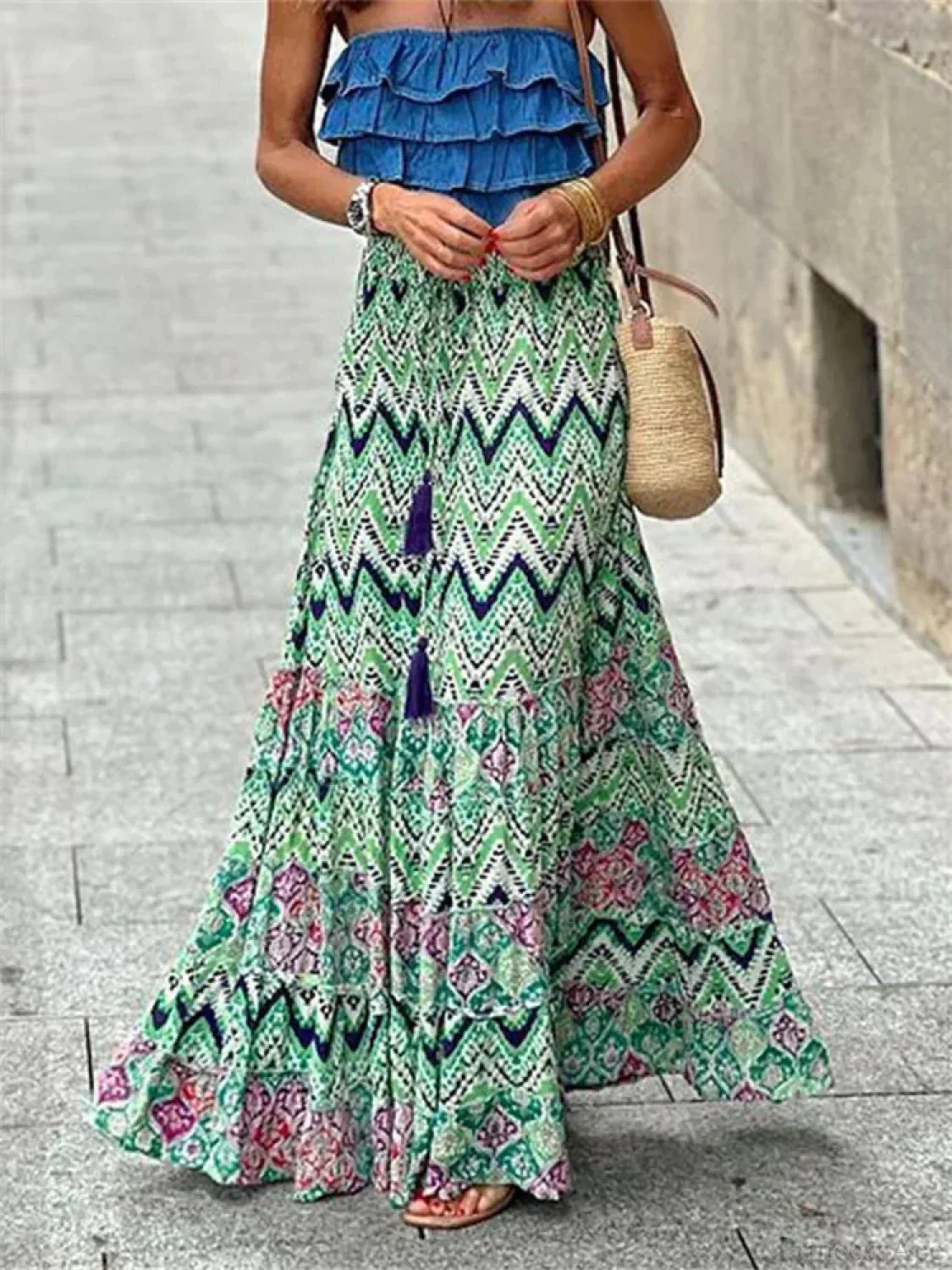 Celeste Flowy Boho Print Ruffled Hem Skirt - Image 3