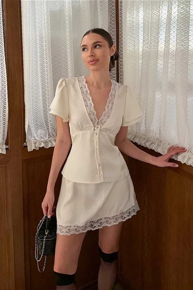 Celeste Satin Lace V-Neck Tie-Waist Skirt Set - Image 6