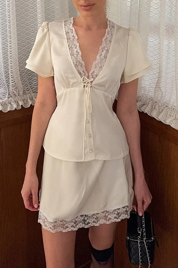 Celeste Satin Lace V-Neck Tie-Waist Skirt Set - Image 7