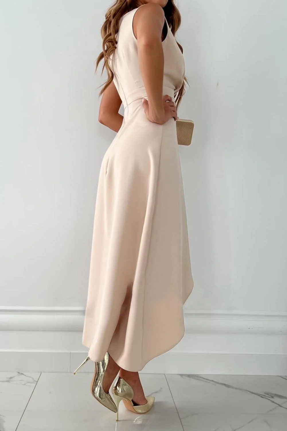 Celeste V-Neck Asymmetrical Hem Midi Dress - Image 4