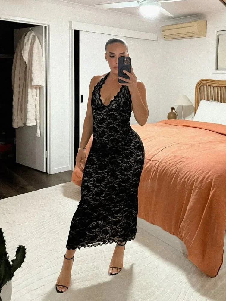 Celine Halter Neck Lace Maxi Dress - Image 6