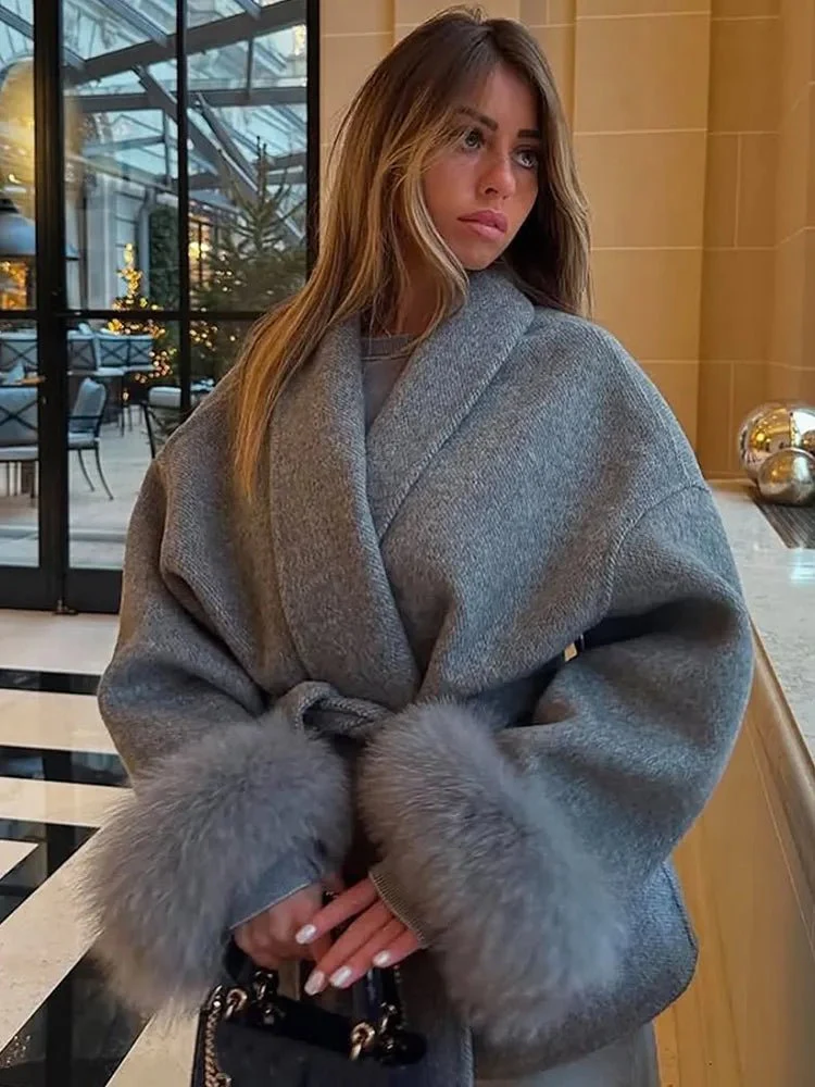 Wool Wrap Coat with Fox Fur Cuff - Image 15