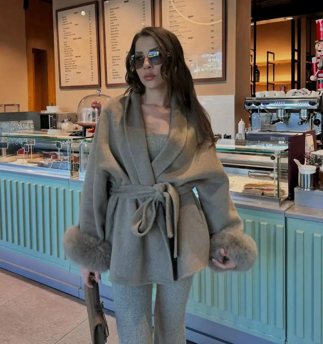 Wool Wrap Coat with Fox Fur Cuff - Image 2