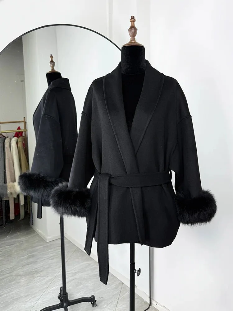 Wool Wrap Coat with Fox Fur Cuff - Image 24