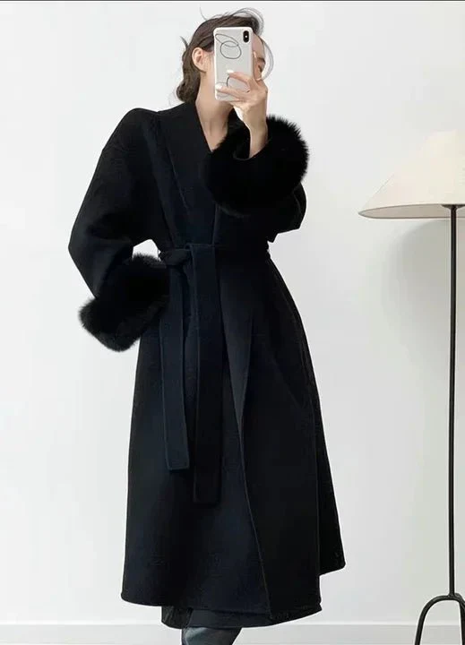 Wool Wrap Coat with Fox Fur Cuff - Image 25