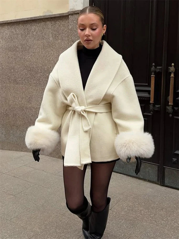Wool Wrap Coat with Fox Fur Cuff - Image 7