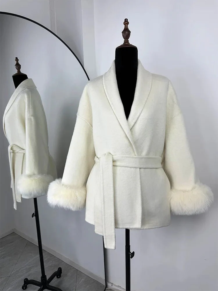 Wool Wrap Coat with Fox Fur Cuff - Image 9