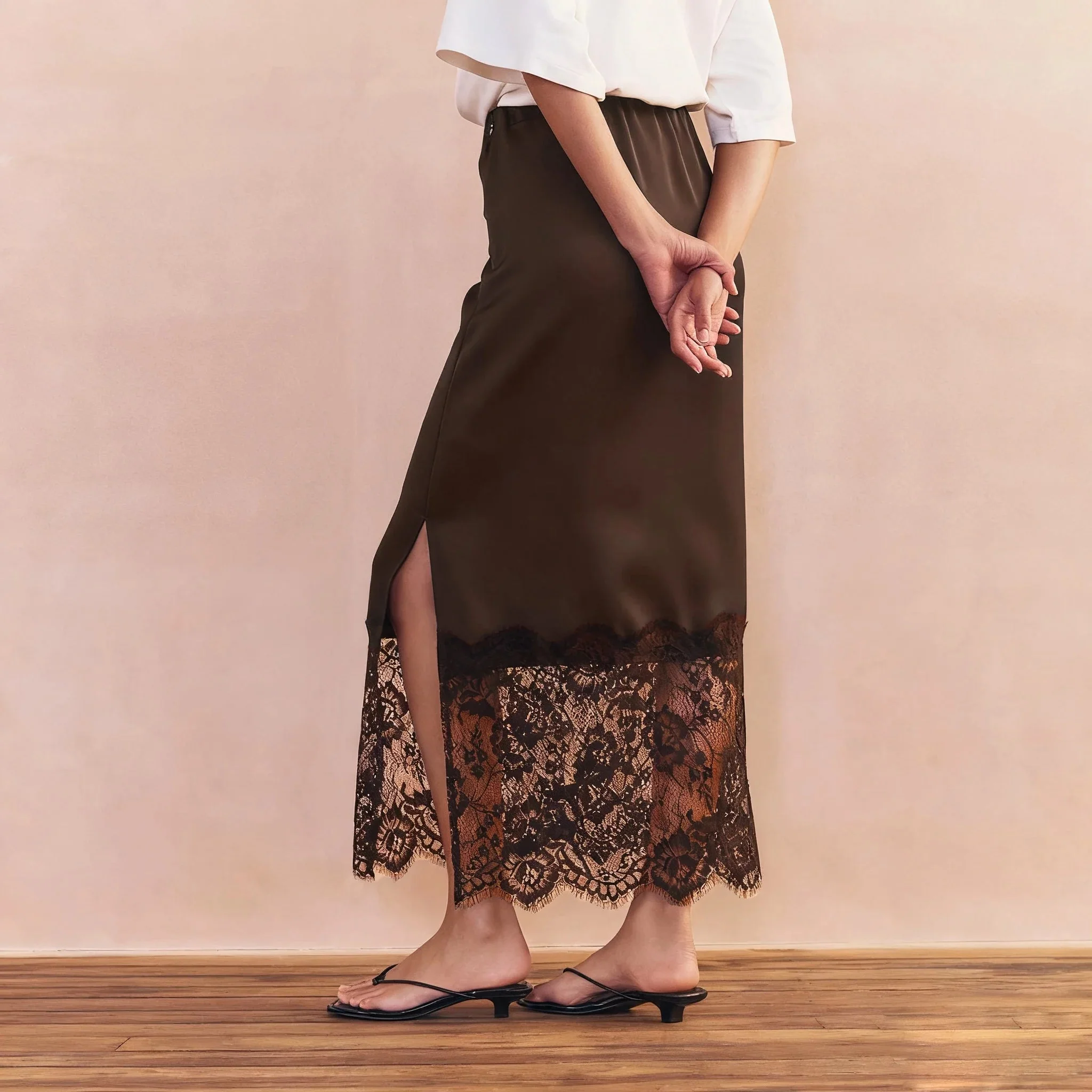 Cheska Lace Hem Satin Long Skirt with Slit - Image 6