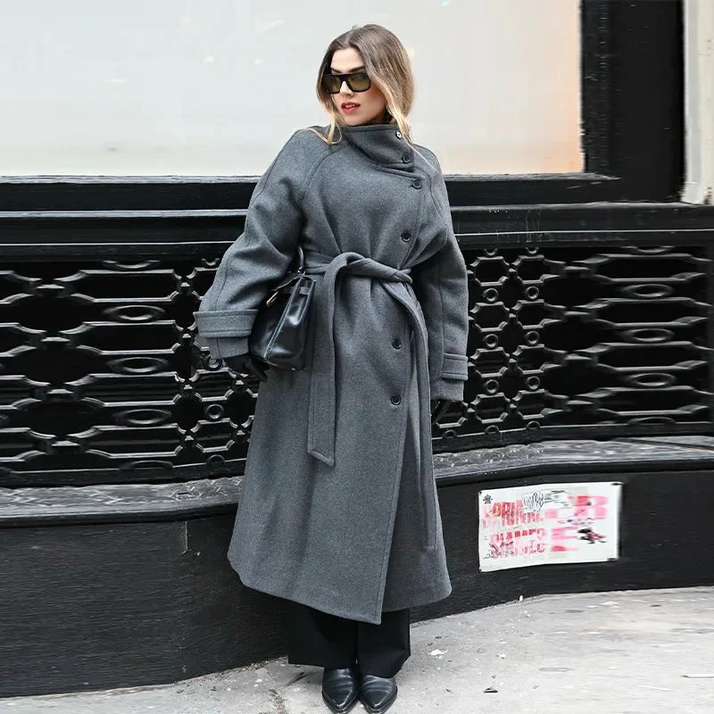 Claudine Long Belted High Collar Coat - Image 3