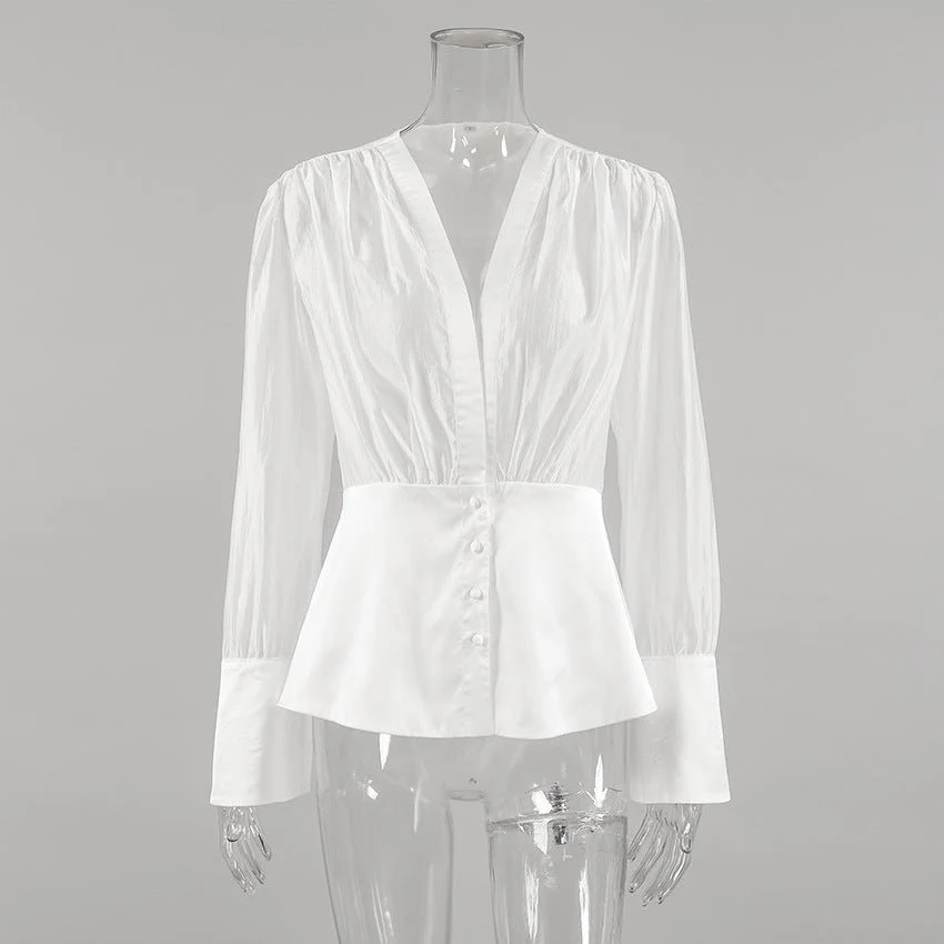 Elisa Deep Neck Sheer Button Blouse - Image 5