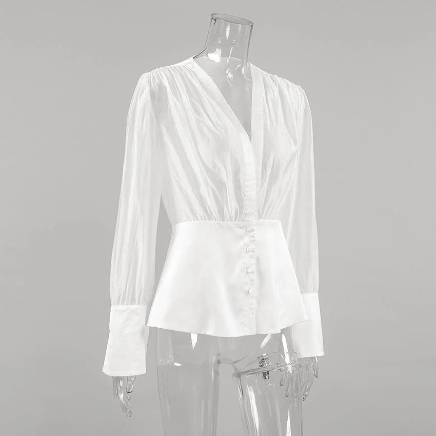 Elisa Deep Neck Sheer Button Blouse - Image 7