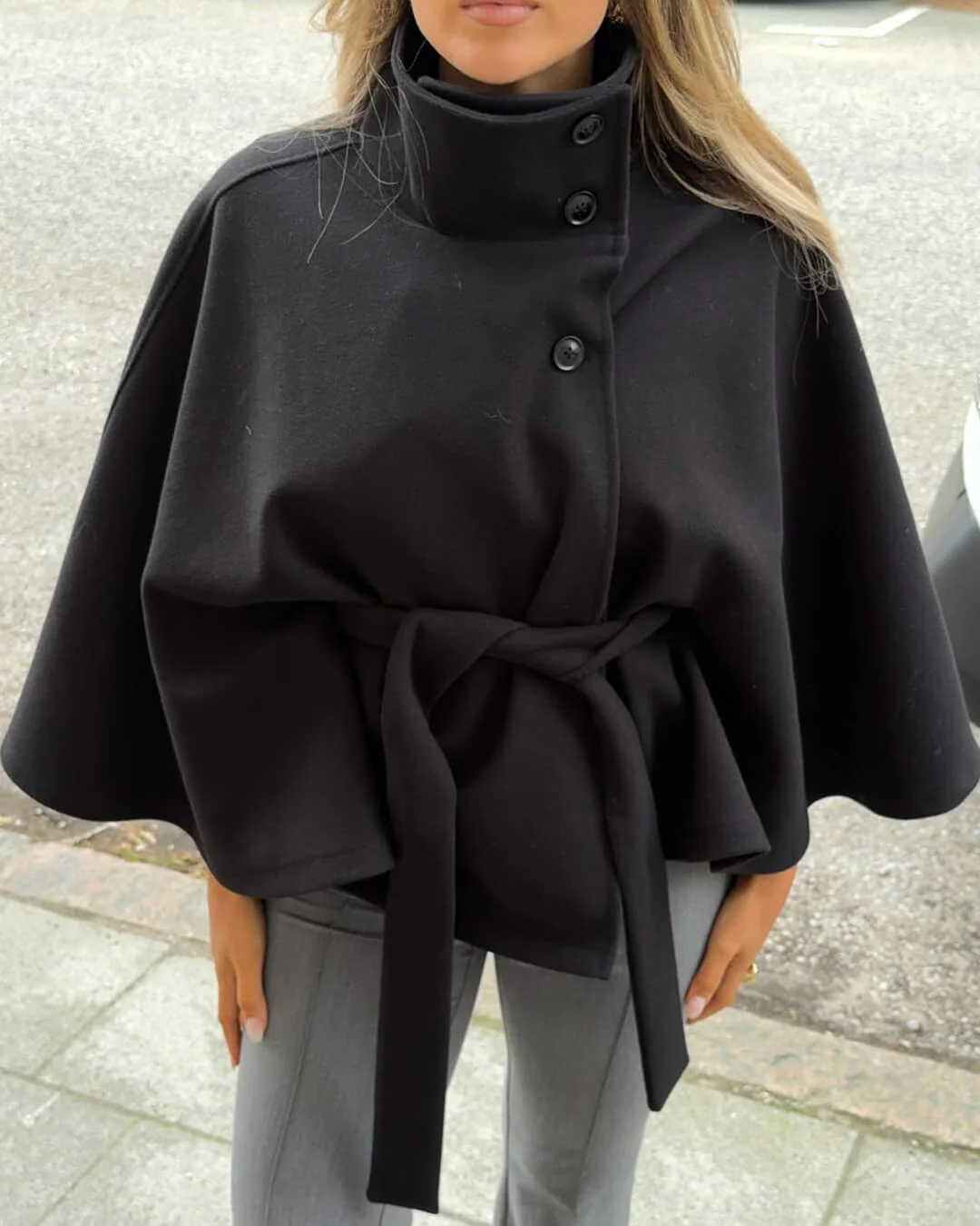 Gianna Elegant High-Neck Belted Cape Jacket - Image 5