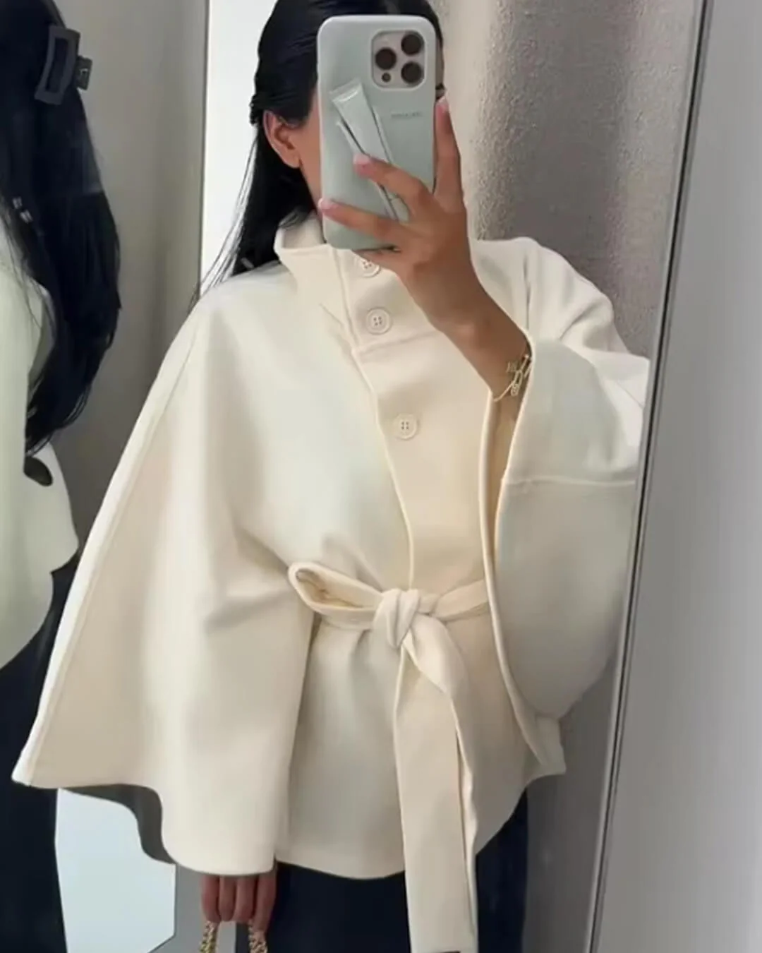 Gianna Elegant High-Neck Belted Cape Jacket - Image 8