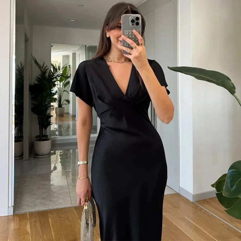 Janna V Neck Satin Midi Dress - Image 5