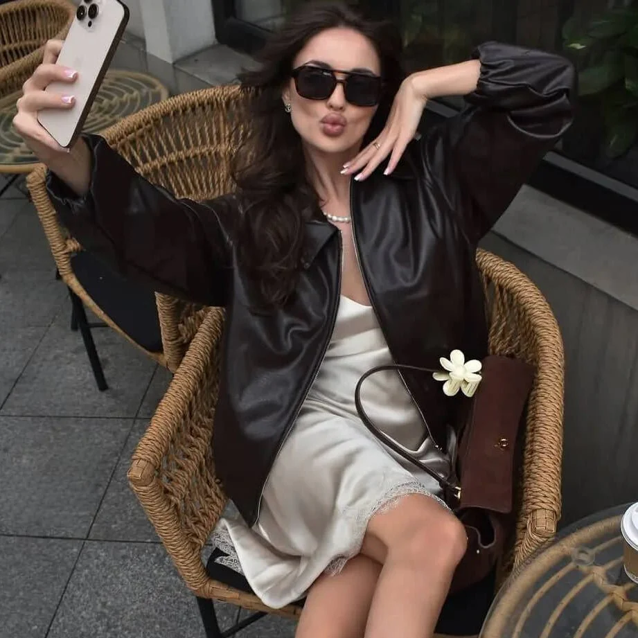 Jenny Faux Leather Bomber Jacket - Image 2