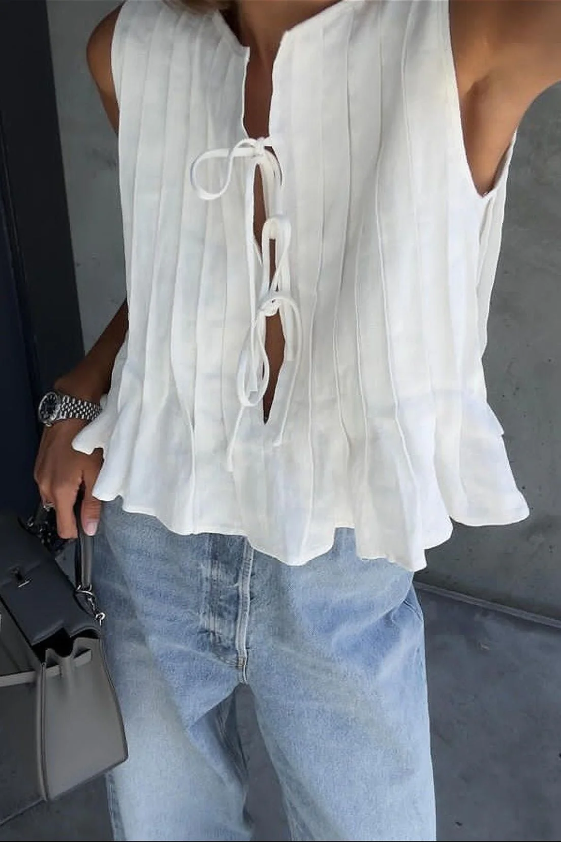 Juvy Tie Front Pleated Linen Tank Top
