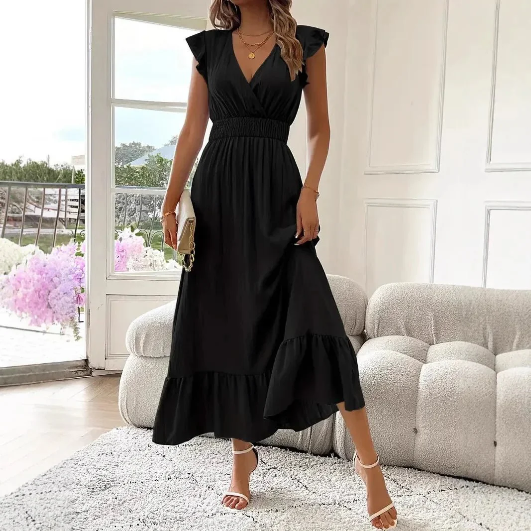 Livia Black V-Neck Ruffle Swing Dress