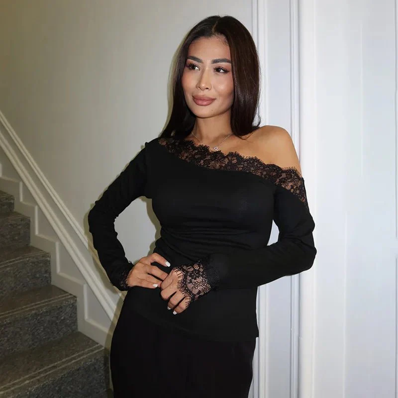 Lizzy Slant Shoulder Lace Long Sleeve Top - Image 3