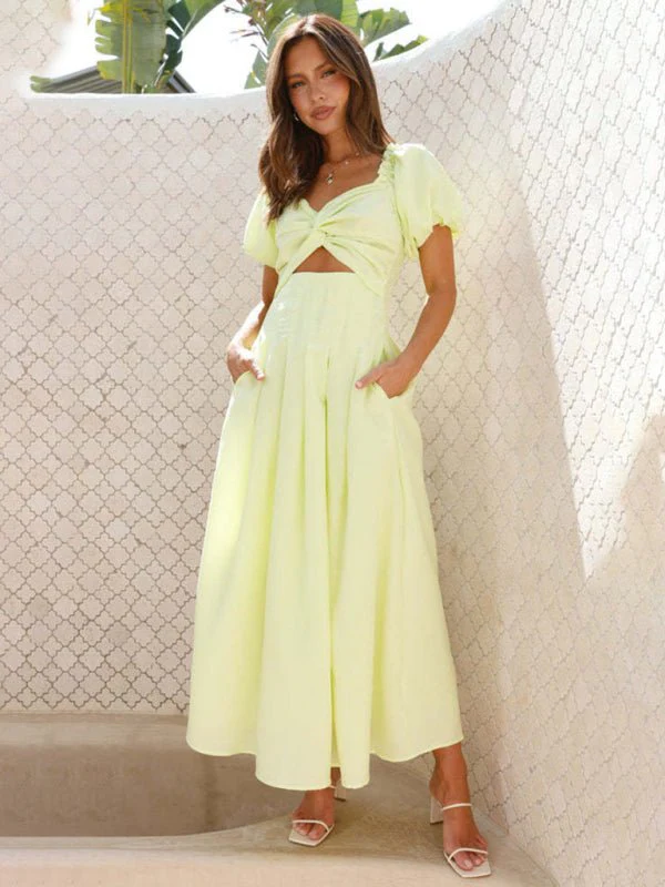 Maritoni Puff Sleeve Hollow Midi Dress