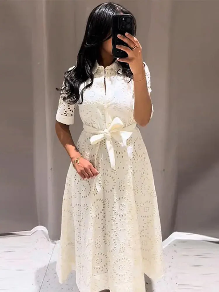 Merida Embroidered Belted Midi Dress