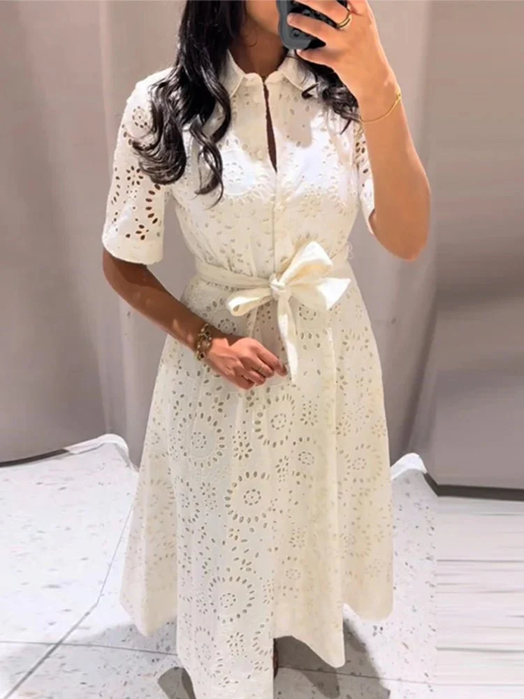 Merida Embroidered Belted Midi Dress - Image 5