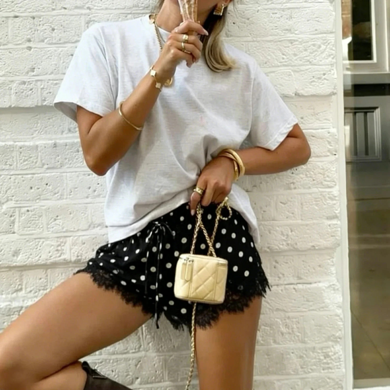 Paula Black Polka Dot Satin Short - Image 4