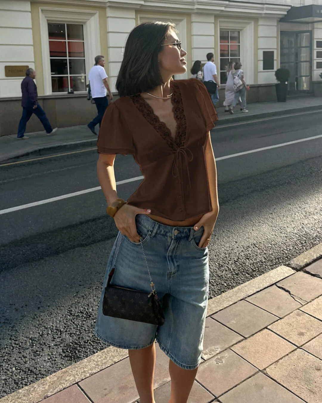 Rosette Lace Short Sleeve V-Neck Top - Image 6