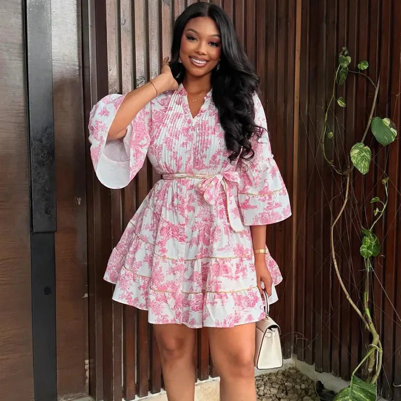 Serena Floral V-Neck Mini Dress with Bell Sleeves