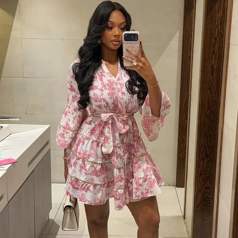 Serena Floral V-Neck Mini Dress with Bell Sleeves - Image 2