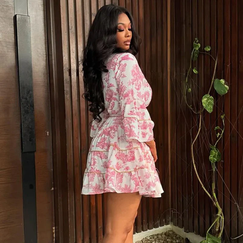Serena Floral V-Neck Mini Dress with Bell Sleeves - Image 3