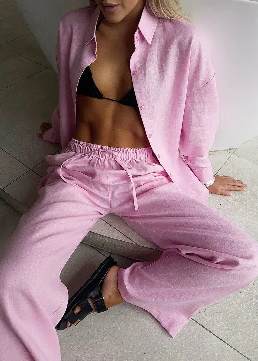 Sofia Cotton Lounge Set with Button-Up Shirt & Wide Pants - Image 4