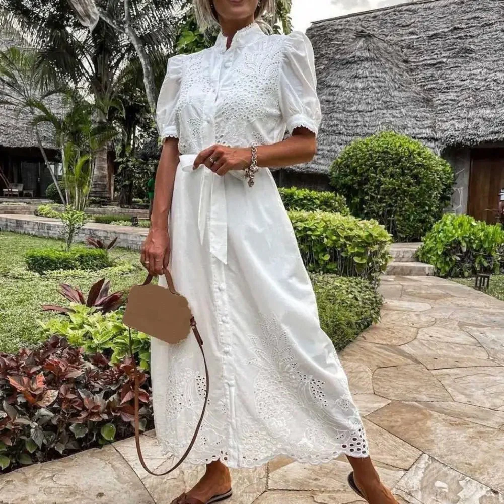 Theresa Embroidered Lace-Up Maxi Dress